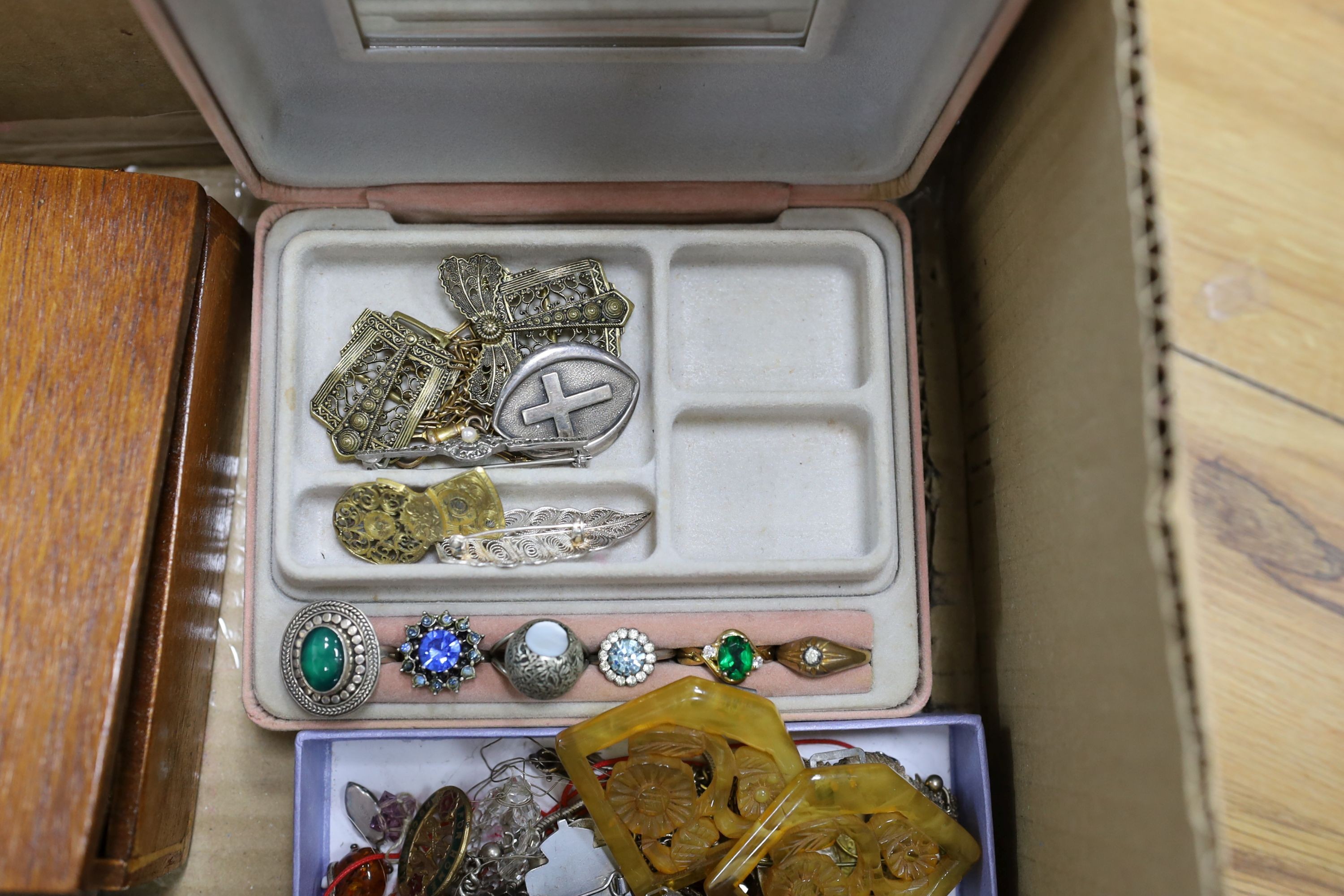 A quantity of assorted costume jewellery, sterling, silver, white metal and other items including pens, opera glasses etc.